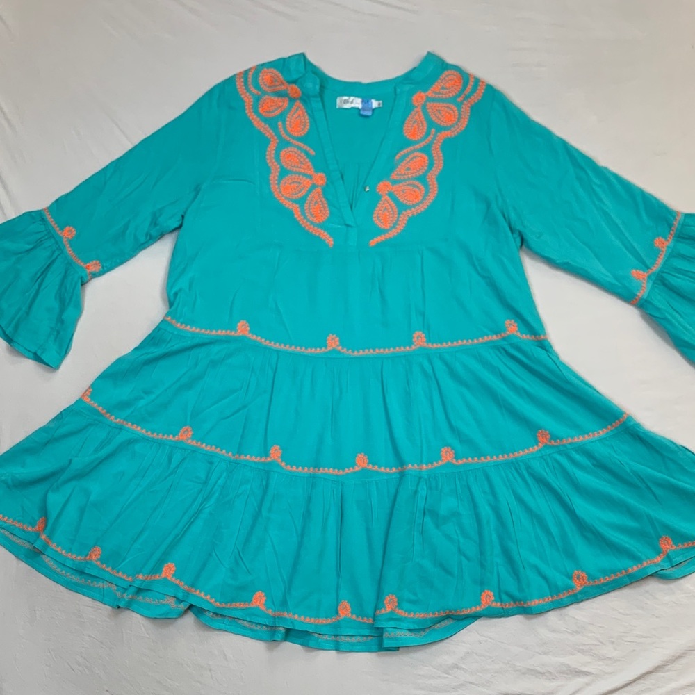 Gypsy Boho Embroidered Teal Tiered Midi Dress with Bell Sleeves Sz XL Flowy  EUC